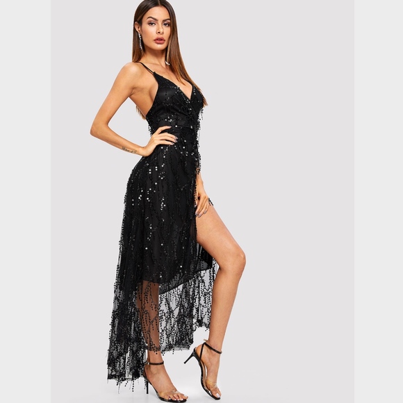 Black Sequin Fringe Backless Cami Slit Maxi Dress - Picture 4 of 8